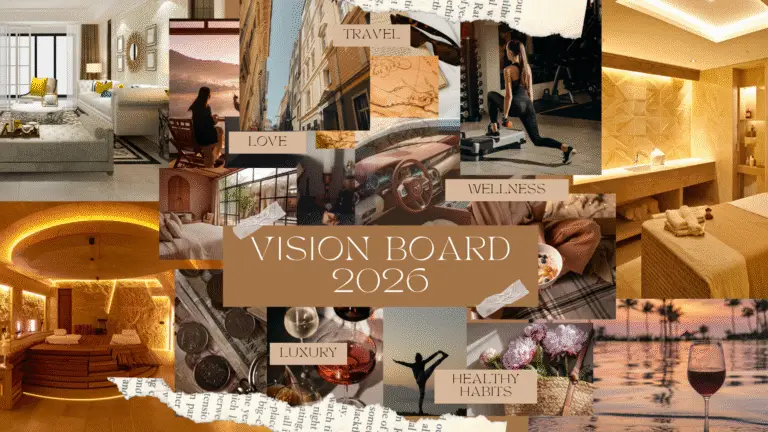 21 Vision Board Ideas For Manifesting Money, Love, And Success brown and beige aesthetic typographic vision board poster